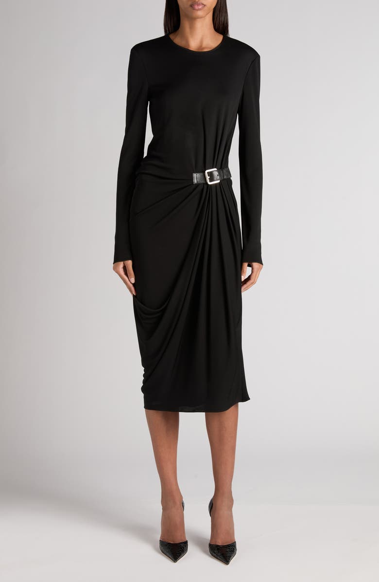 TOM FORD Gathered Waist Long Sleeve Jersey Dress, Main, color, Black