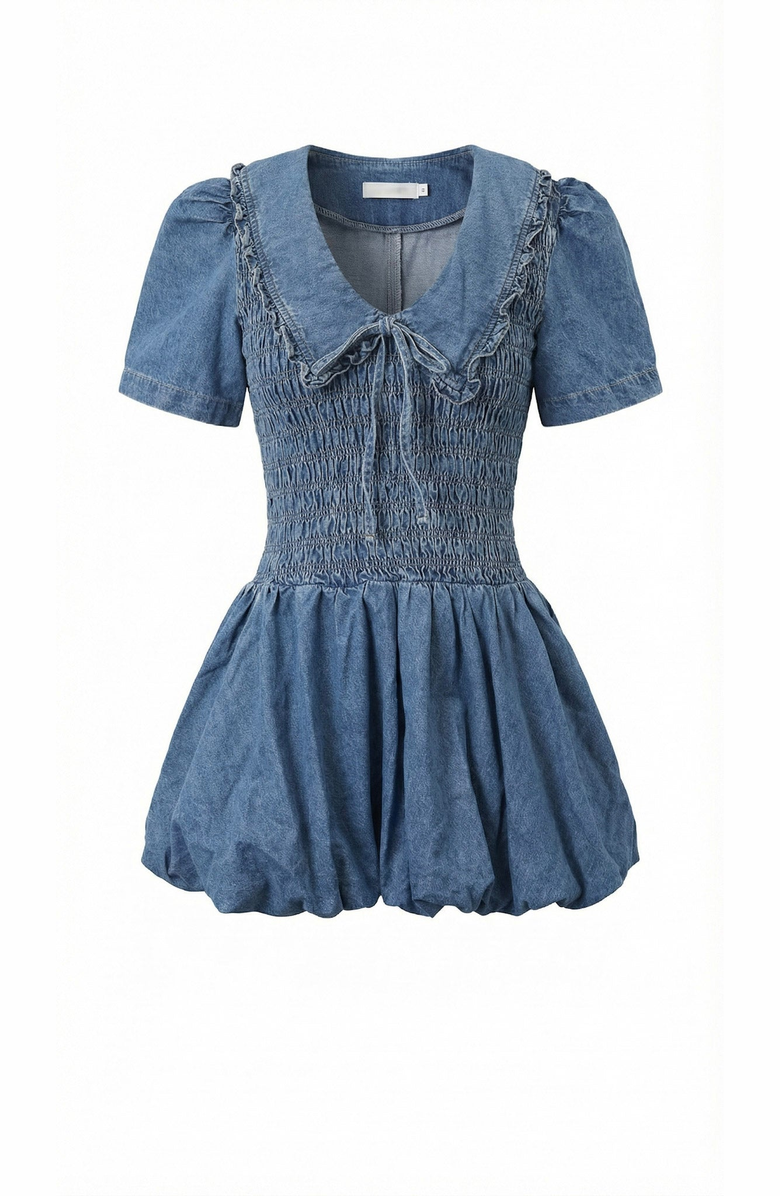 Modenaire Smocked Ruffle Collar Mini Dress, Alternate, color, Medium Wash Blue