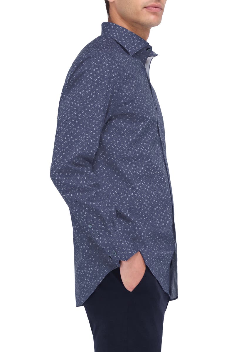 Bugatchi Axel Shaped Fit Trellis Print Stretch Cotton Button-Up Shirt, Alternate, color, Navy