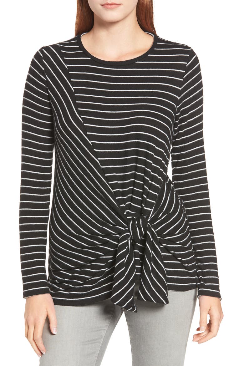 Gibson x Living in Yellow Lou Tie Front Fleece Sweater (Nordstrom Exclusive), Main, color, BLACK/ IVORY