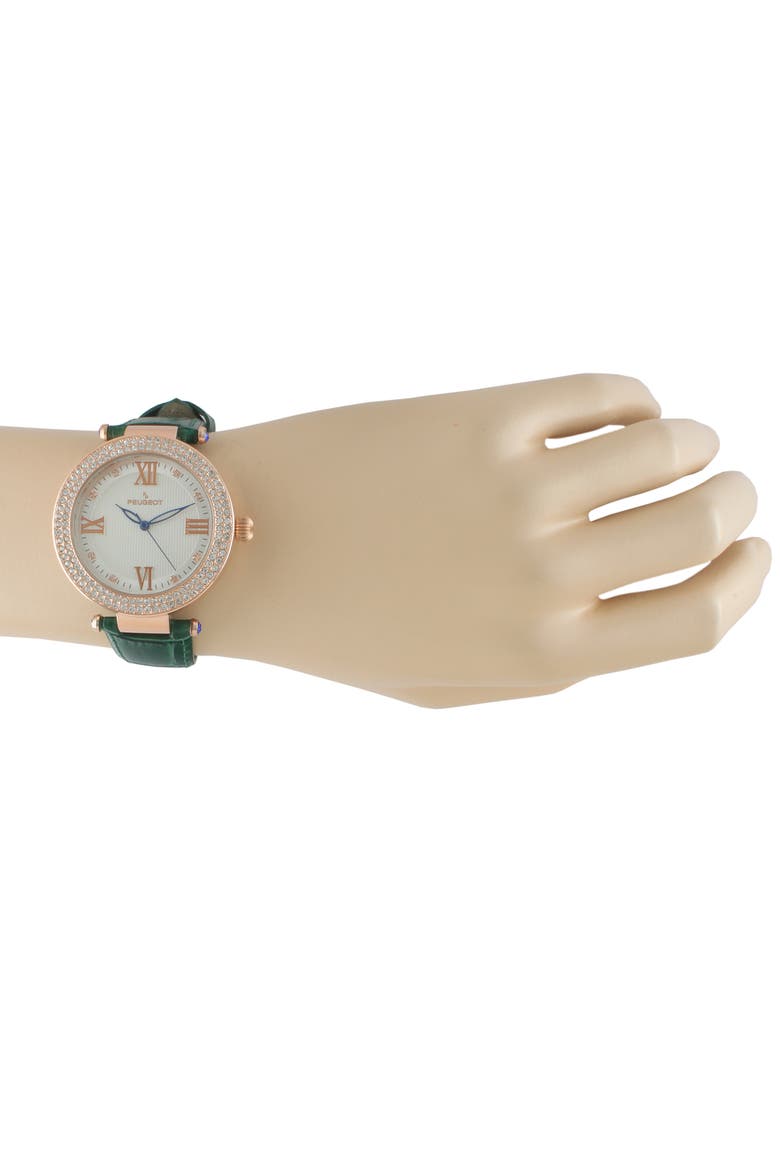 Stylish Crystal Bezel Textured Dial Leather Watch- 38MM, Alternate, color, Green