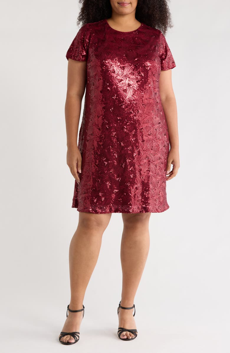 London Times Sequin T-Shirt Dress, Main, color, Wine