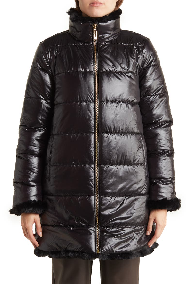 Reversible Faux Fur Puffer Jacket, Alternate, color, BLACK