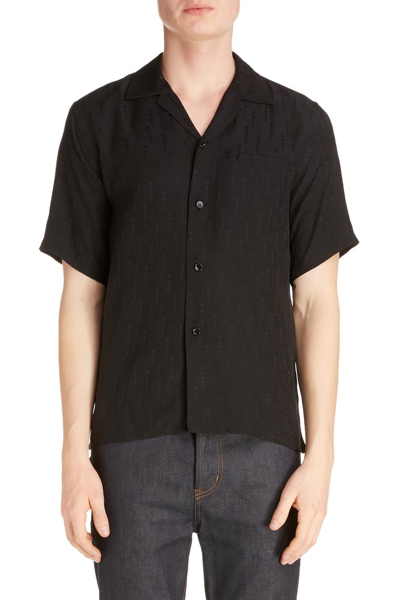 Silk Button-Up Camp Shirt, Main, color, BLACK
