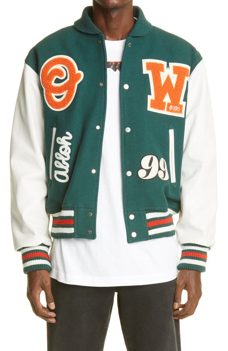 Off-White Barrel Worker Logo Varsity Jacket, Main, color, 