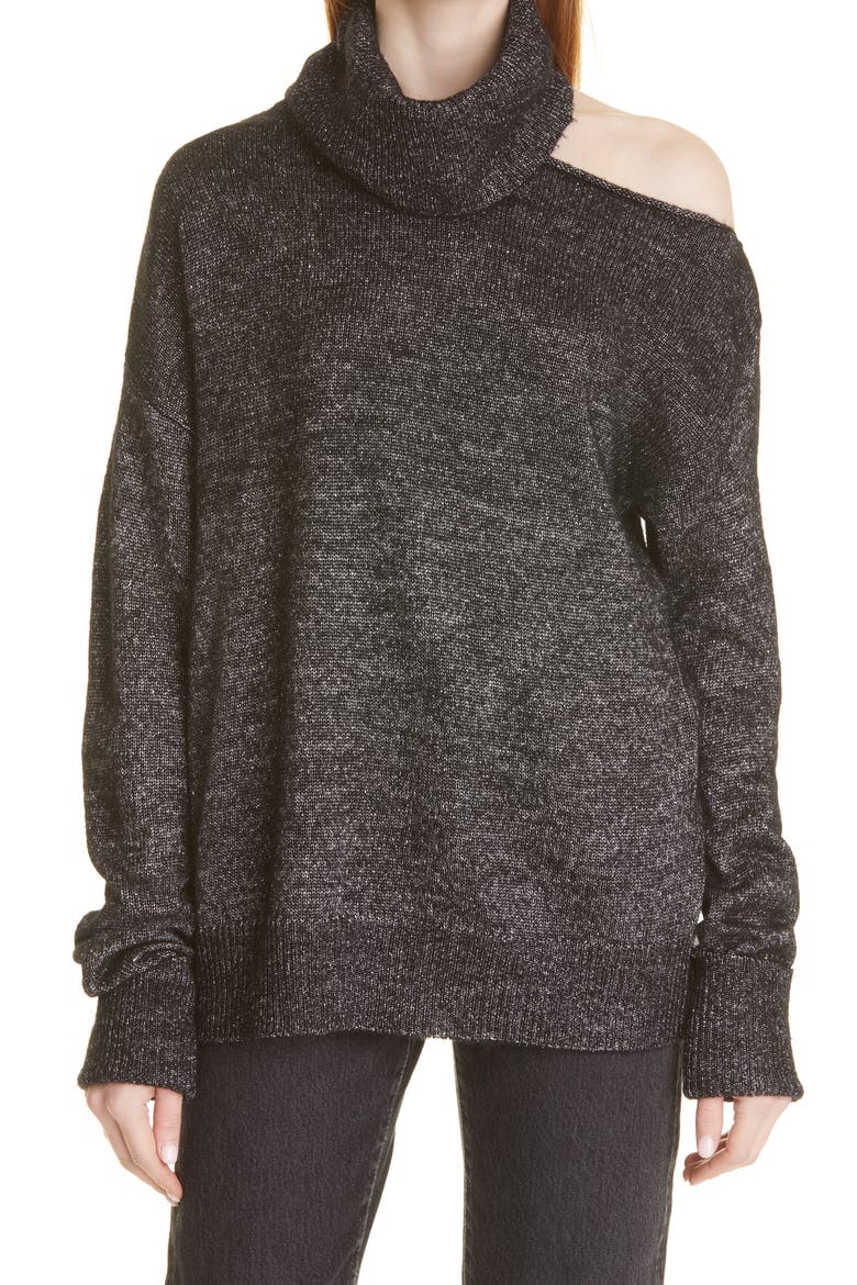 Raundi Cutout Shoulder Sweater, Main, color, BLACK W/ SILVER