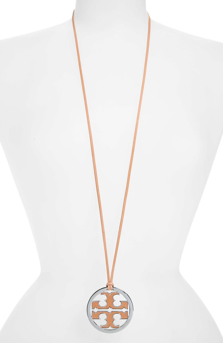 Tory Burch Logo Charm Leather Cord Necklace, Main, color,