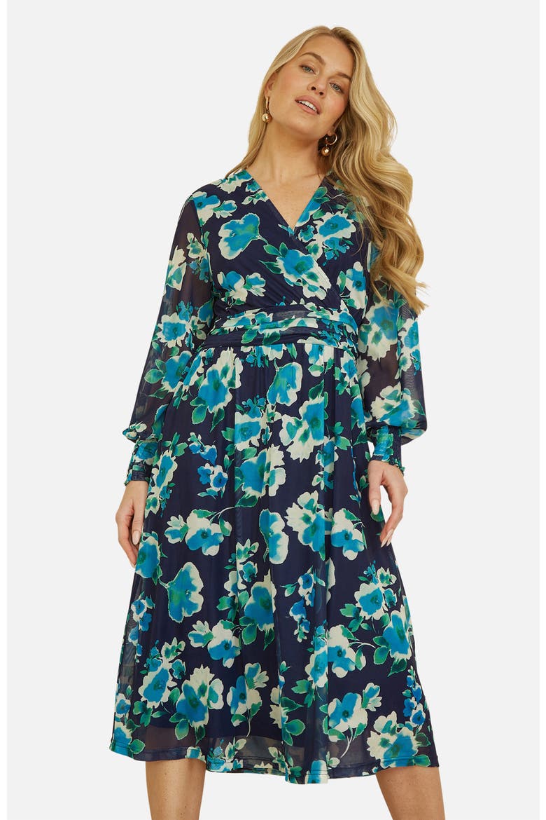 Floral V-Neck Long Sleeves Wrap Dress, Alternate, color, Blue