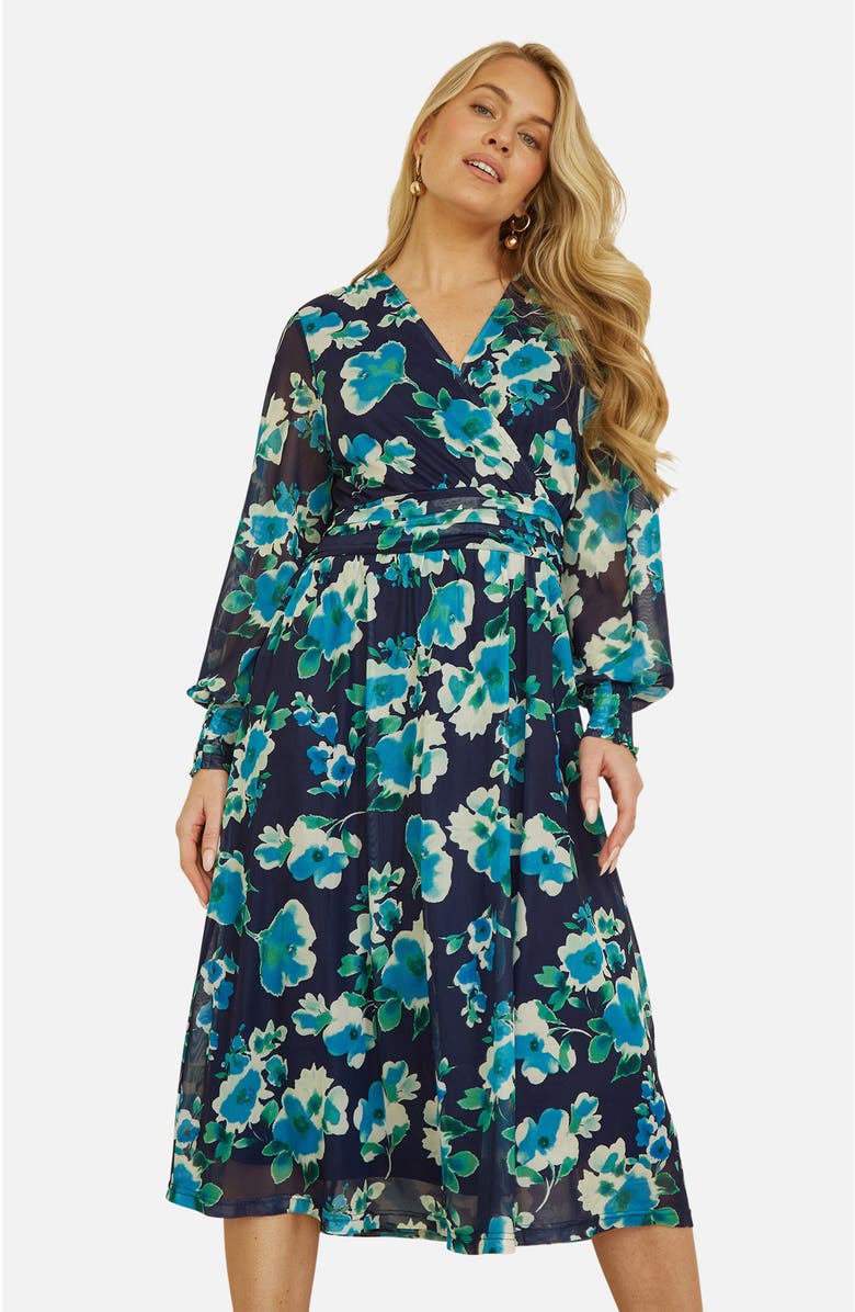 Yumi Floral V-Neck Long Sleeves Wrap Dress, Alternate, color, Blue