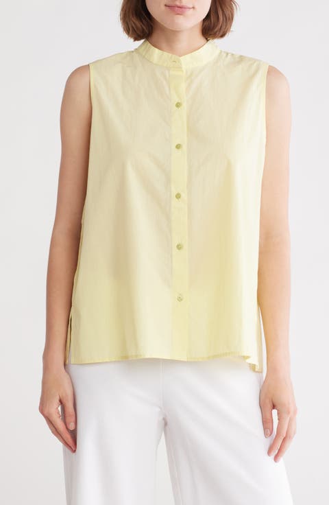 Band Collar Sleeveless Organic Cotton Shirt