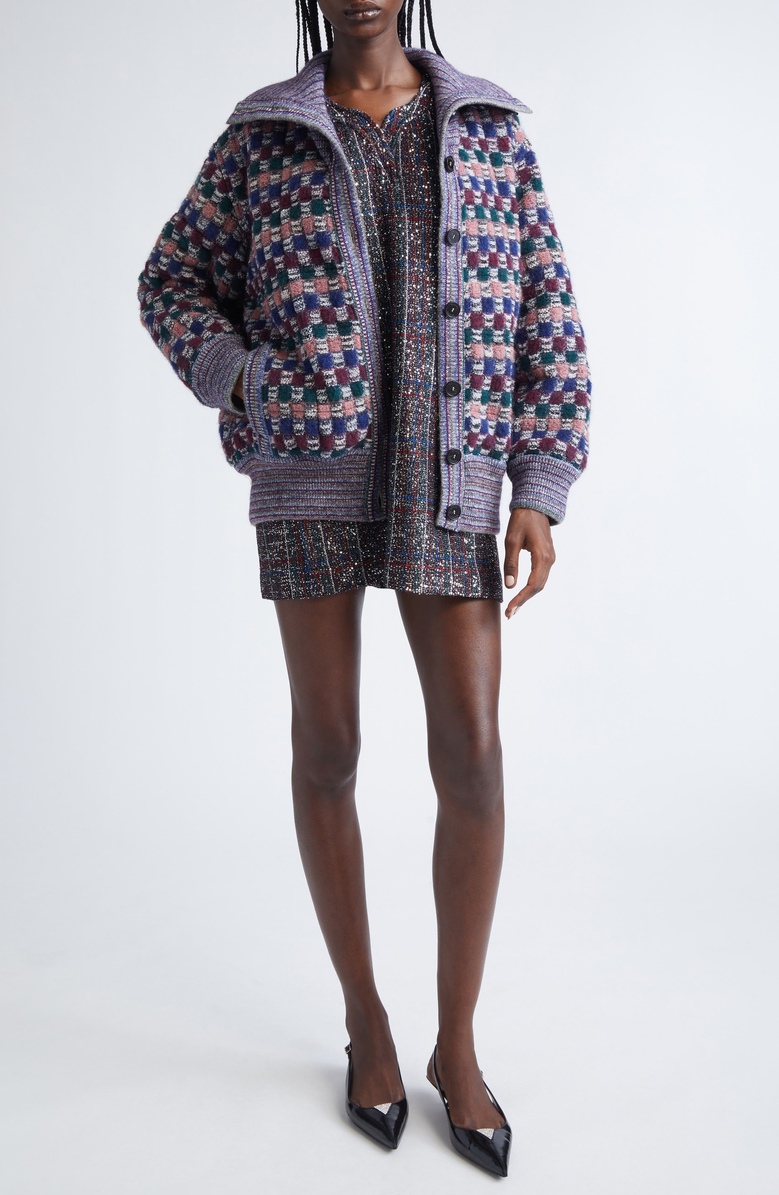 Check Jacquard Knit Bomber Jacket - image 2