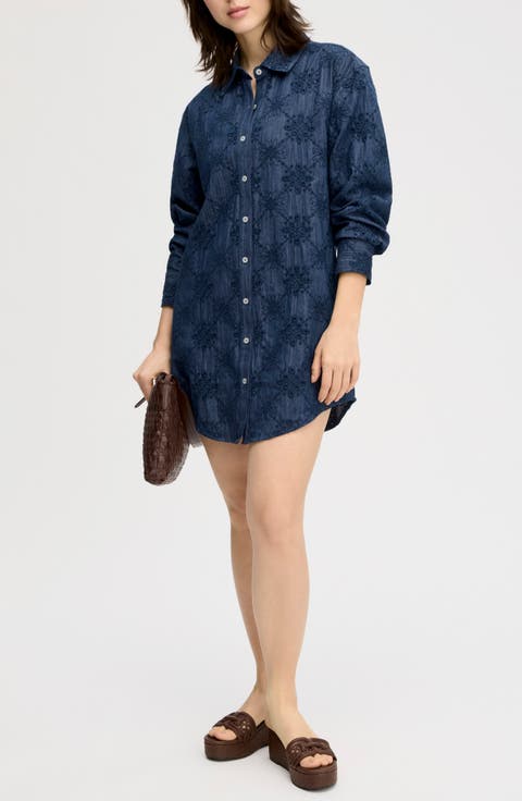 Eyelet Embroidery Long Sleeve Shirtdress