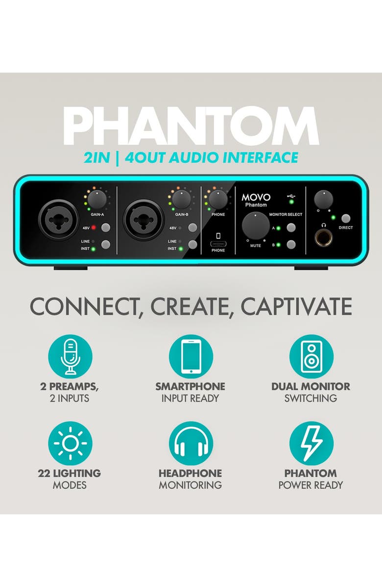 MOVO Music Audio Interface Bundle with USB Interface, Dynamic Microphone, and Boom Arm, Alternate, color, Black