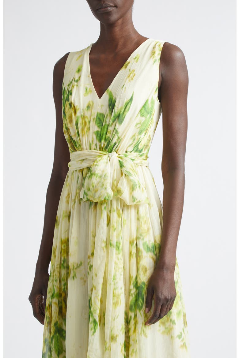Floral Print Belted Silk Creponne Gown, Alternate, color, ROSE BOUQUET LEMONGRASS