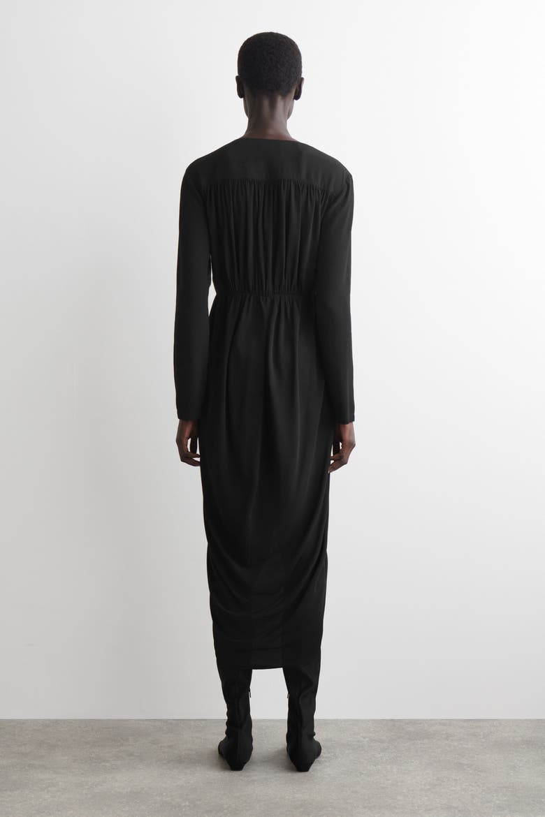 Gathered Midi Wrap Dress, Alternate, color, BLACK
