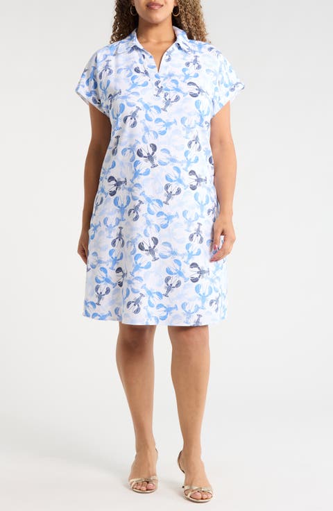 Lobster Print Collared V-Neck Dress (Plus)
