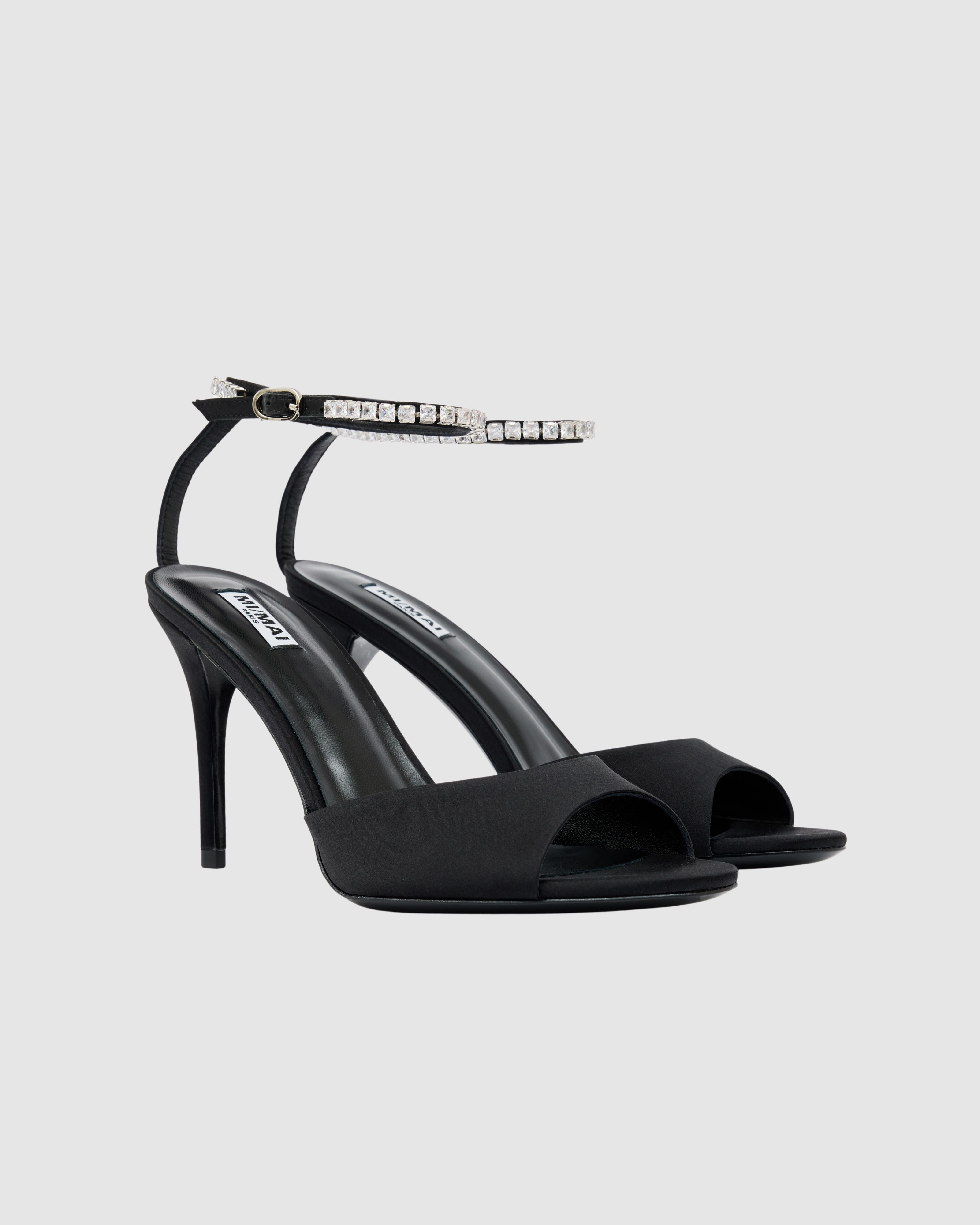 MI/MAI Flavia Satin Crystal Heeled Sandals, Alternate, color, Black