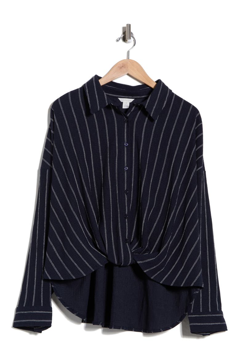 Texture Front Twist Button-Up Shirt, Alternate, color, NAVY- IVORY REVA STRIPE