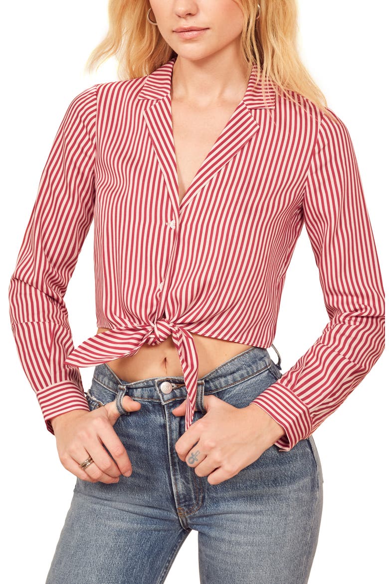 Alexis Tie Front Top, Main, color, CHRISTOPHER STRIPE