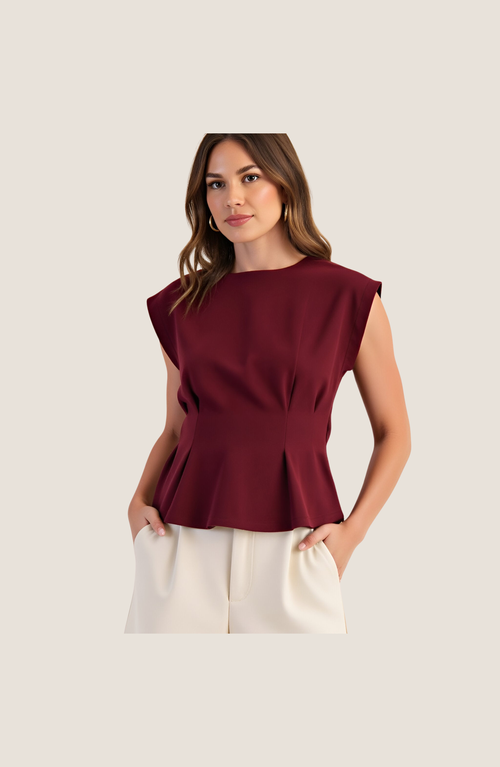 Modenaire Cap Sleeve Peplum Top With Structured Pleats And Round Neck In Burgundy