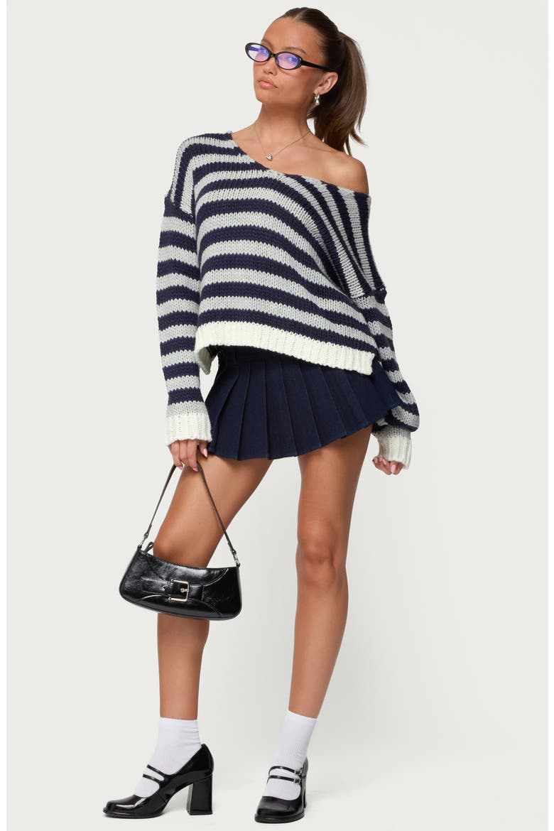 Eugenie Stripe Oversize Off the Shoulder Sweater, Alternate, color, NAVY