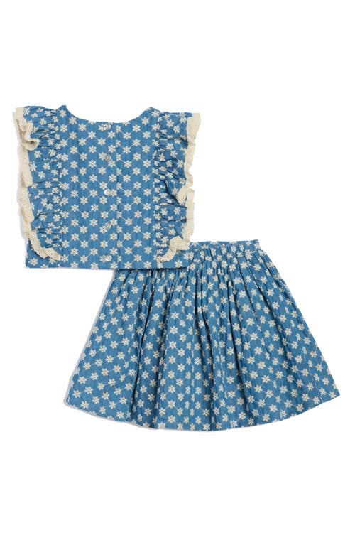 Pippa & Julie Kids' Sunny Embroidered Lace Trim Denim Top & Skirt Set In Blue Denim