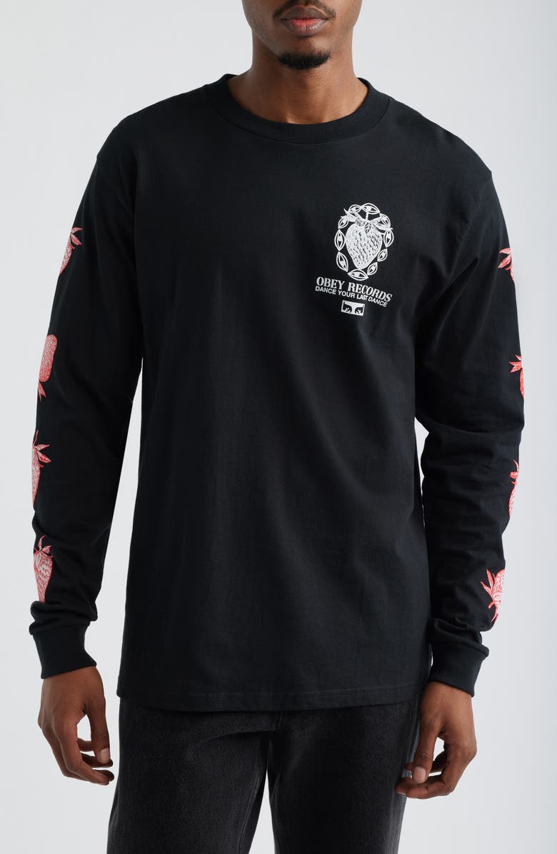 Obey Strawberry Garden Long Sleeve Cotton Graphic T-Shirt, Main, color, Black