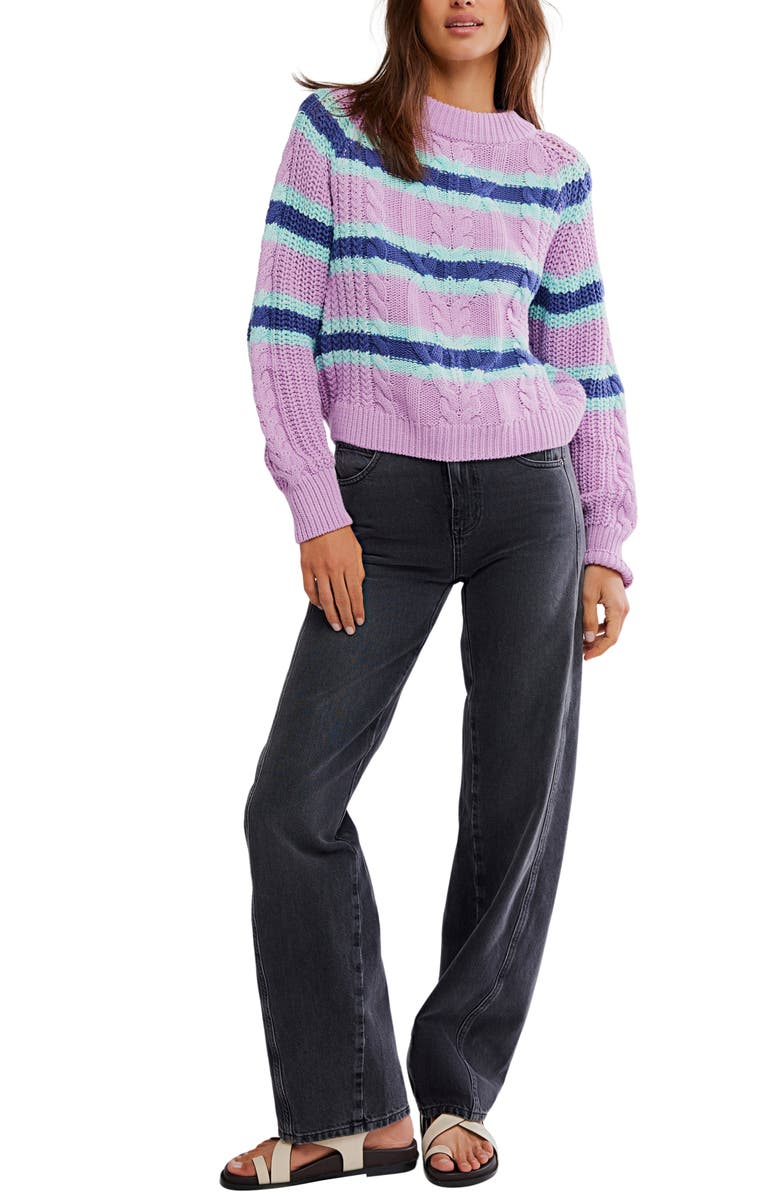 Free People Frankie Stripe Cable Stitch Cotton Sweater, Alternate, color, Lilac Combo