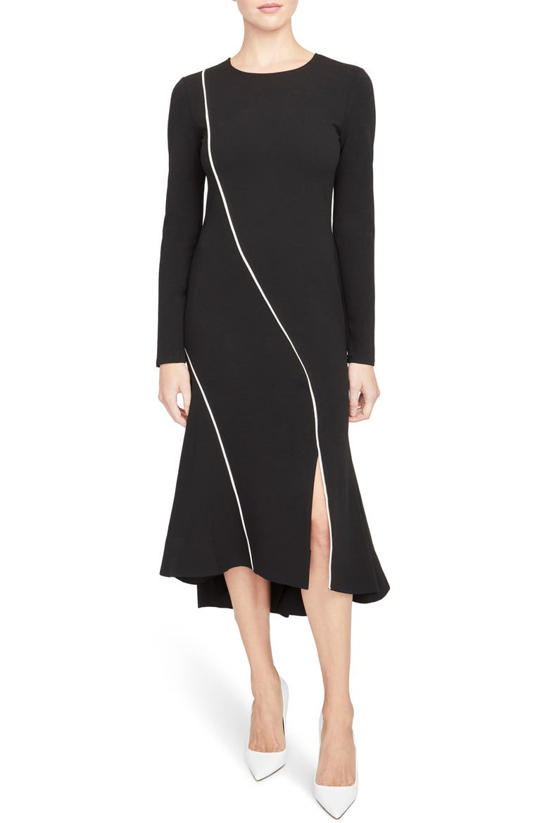 Piping Detail Side Slit Midi Dress, Main, color, BLACK