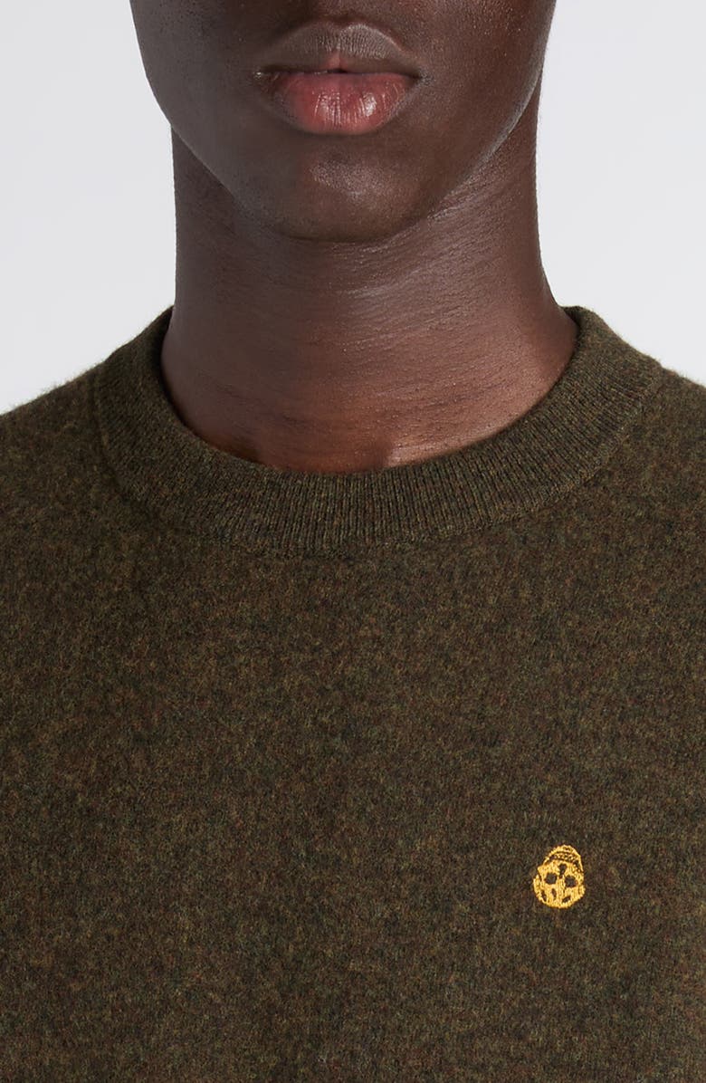 McQueen Embroidered Skull Wool Crewneck Sweater, Alternate, color, Olive/ Honey