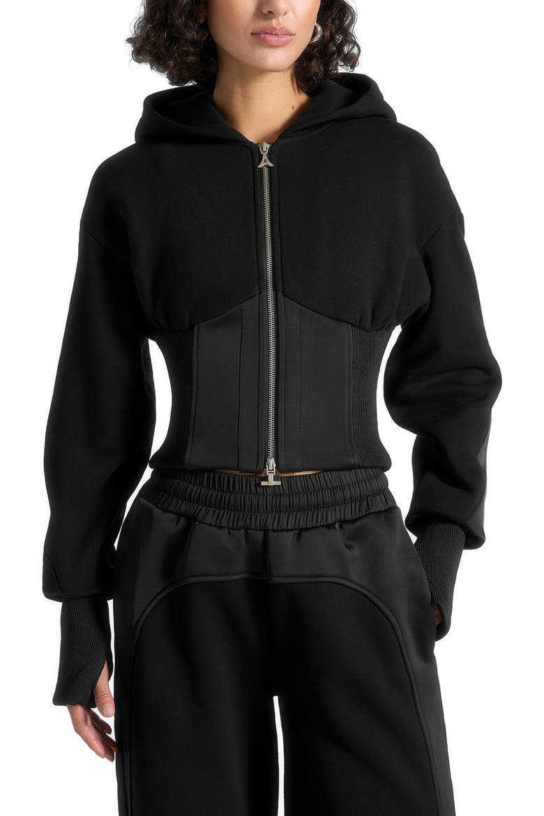 Brune Corset Jersey And Satin Zip Hoodie, Alternate, color, Black