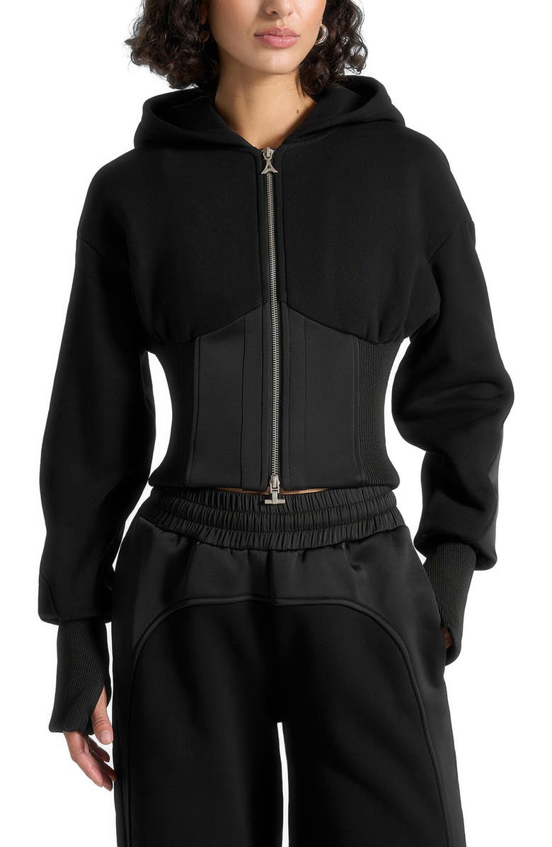 Manière De Voir Brune Corset Jersey And Satin Zip Hoodie, Alternate, color, Black