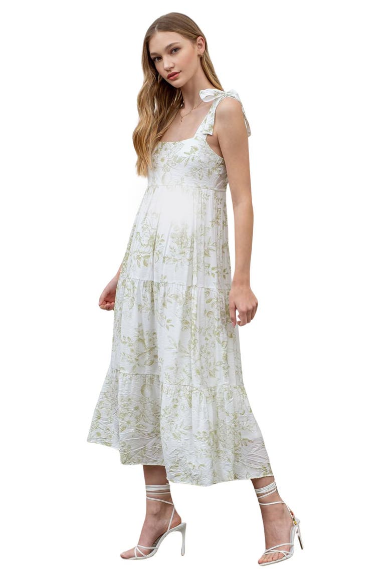 Fruit Blossom Tie Strap Tiered Midi Sundress, Alternate, color, OLIVE