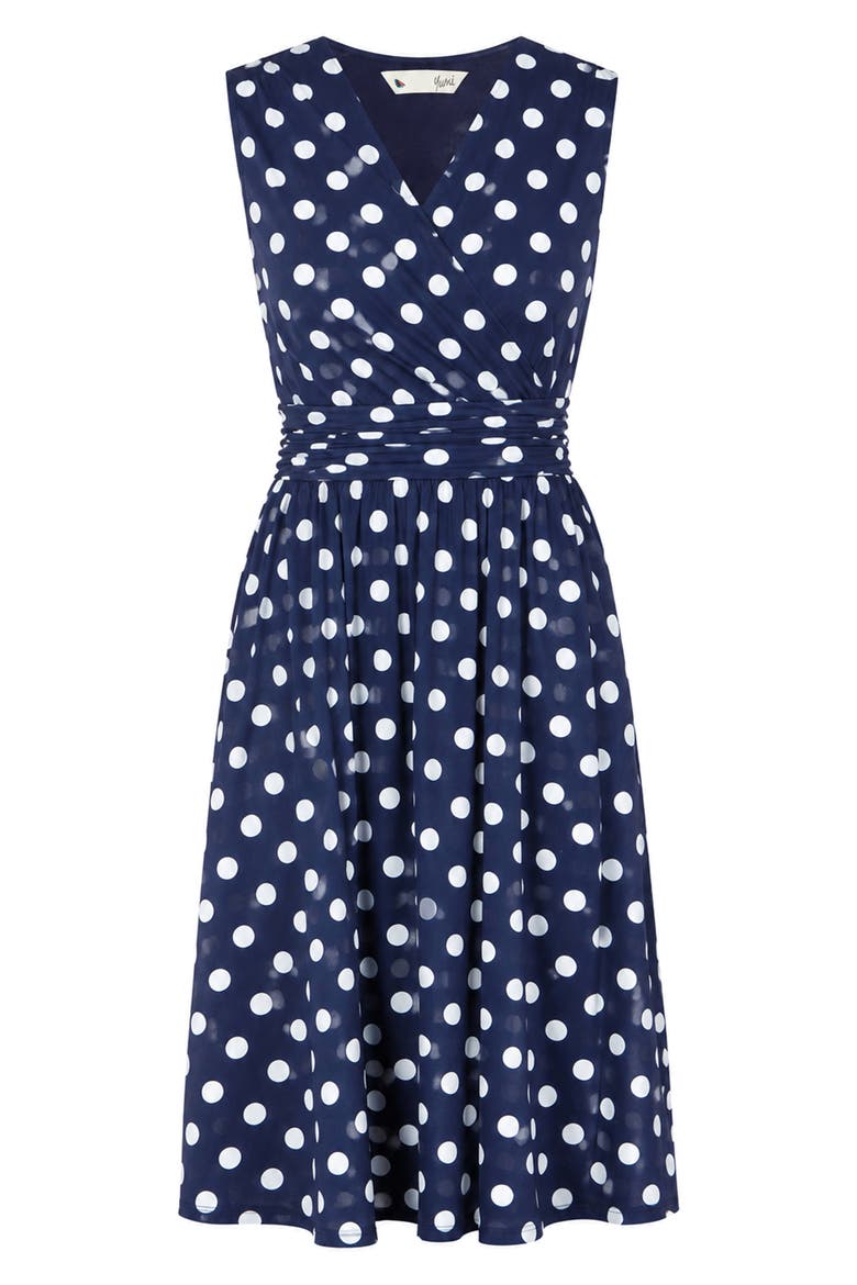 Polka Dot Mesh Wrap Skater Dress, Alternate, color, Navy