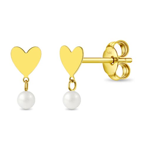 14k Heart Pearl Drop Girl Earrings