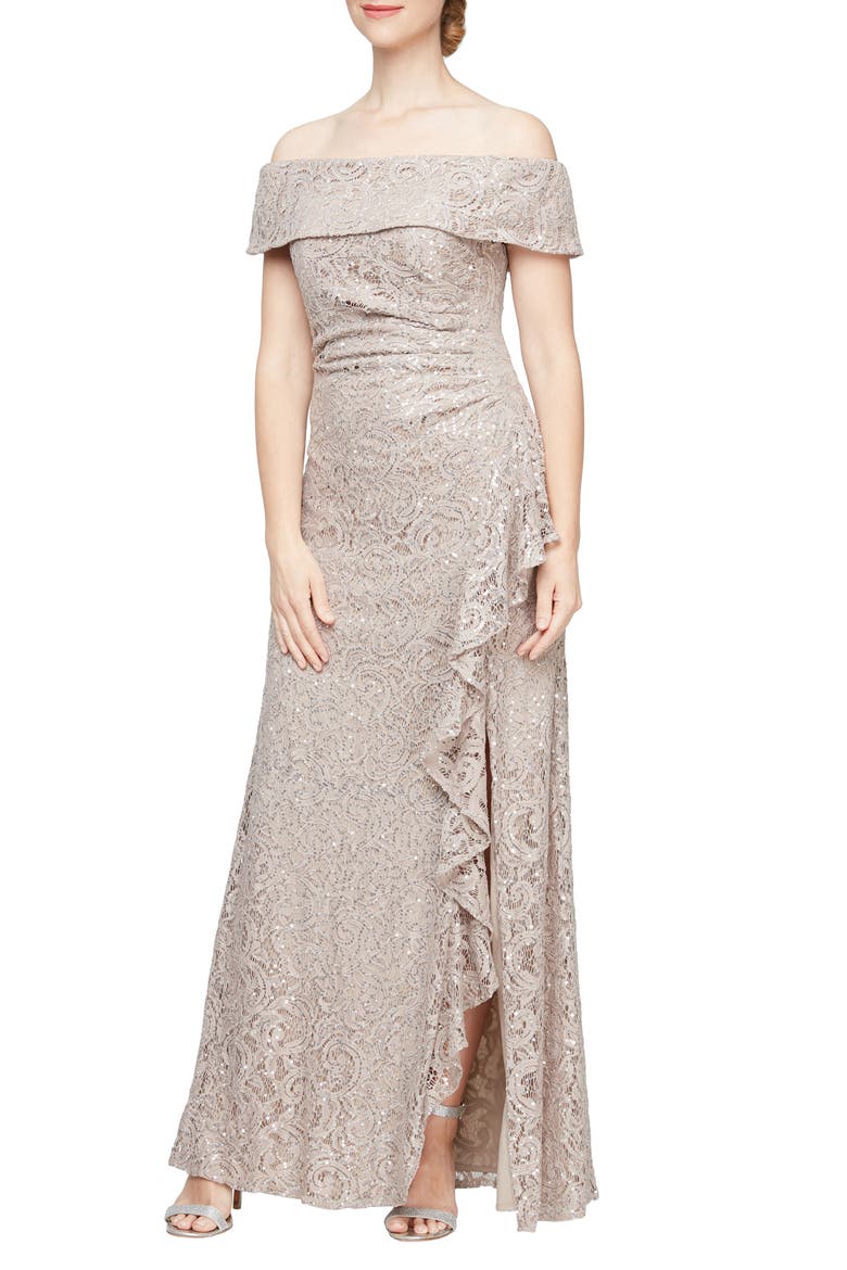 Sequin Off the Shoulder Lace Gown, Main, color, BUFF