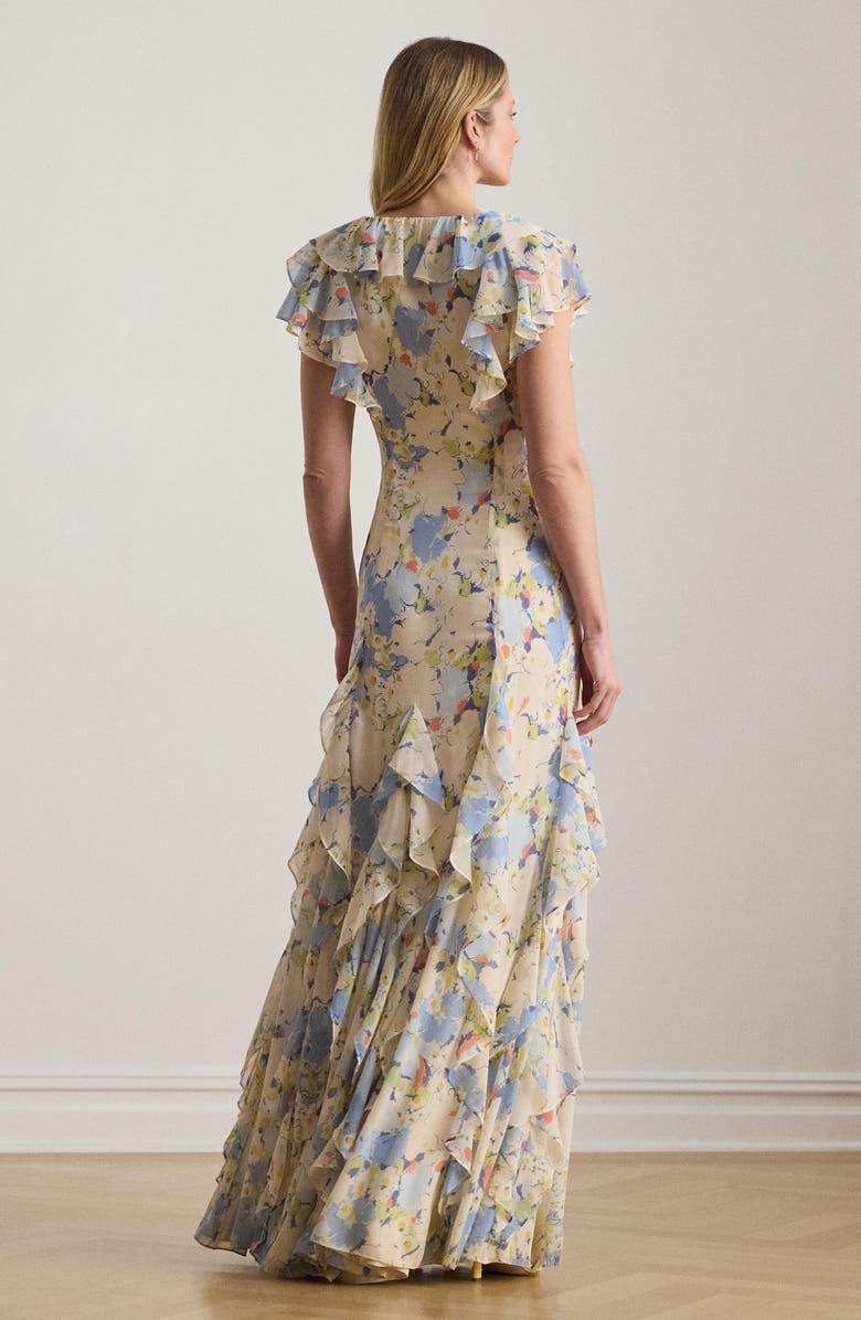 Lauren Ralph Lauren Floral Ruffle Gown, Alternate, color, Blue/ Multi