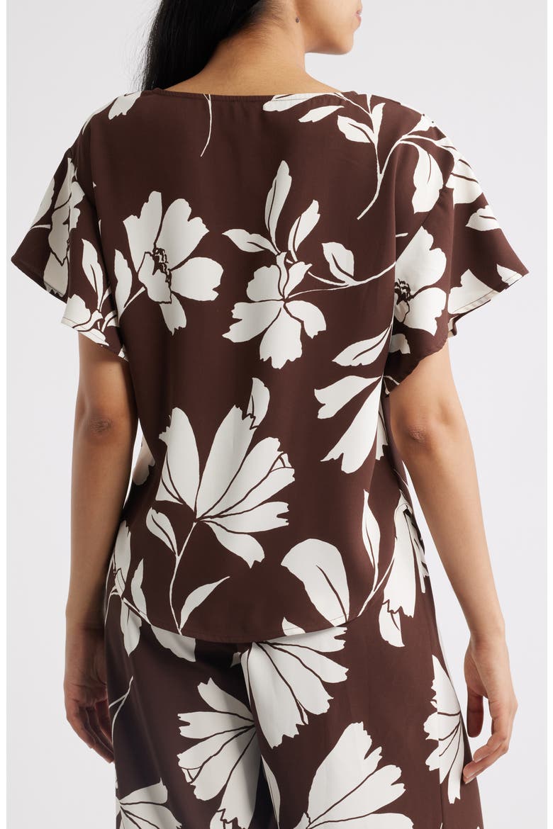 Floral Flutter Sleeve Top, Alternate, color, DARK CHOCLATE/ WHTE