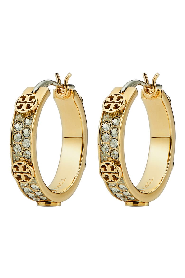 Small Icon Pave Hoop Earrings, Main, color, TORY GOLD / CRYSTAL