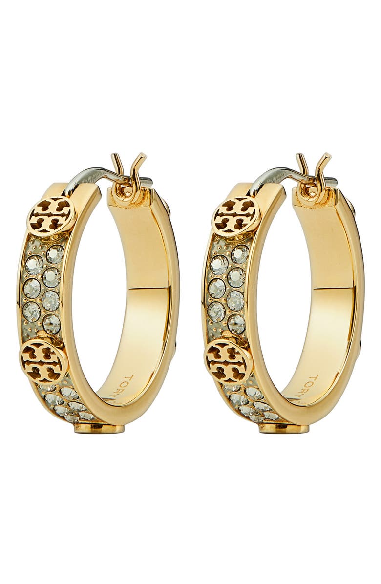 Tory Burch Small Icon Pave Hoop Earrings, Main, color, Tory Gold / Crystal