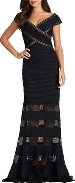Tadashi Shoji Pintuck Ladder Stitch Lace Inset Trumpet Gown