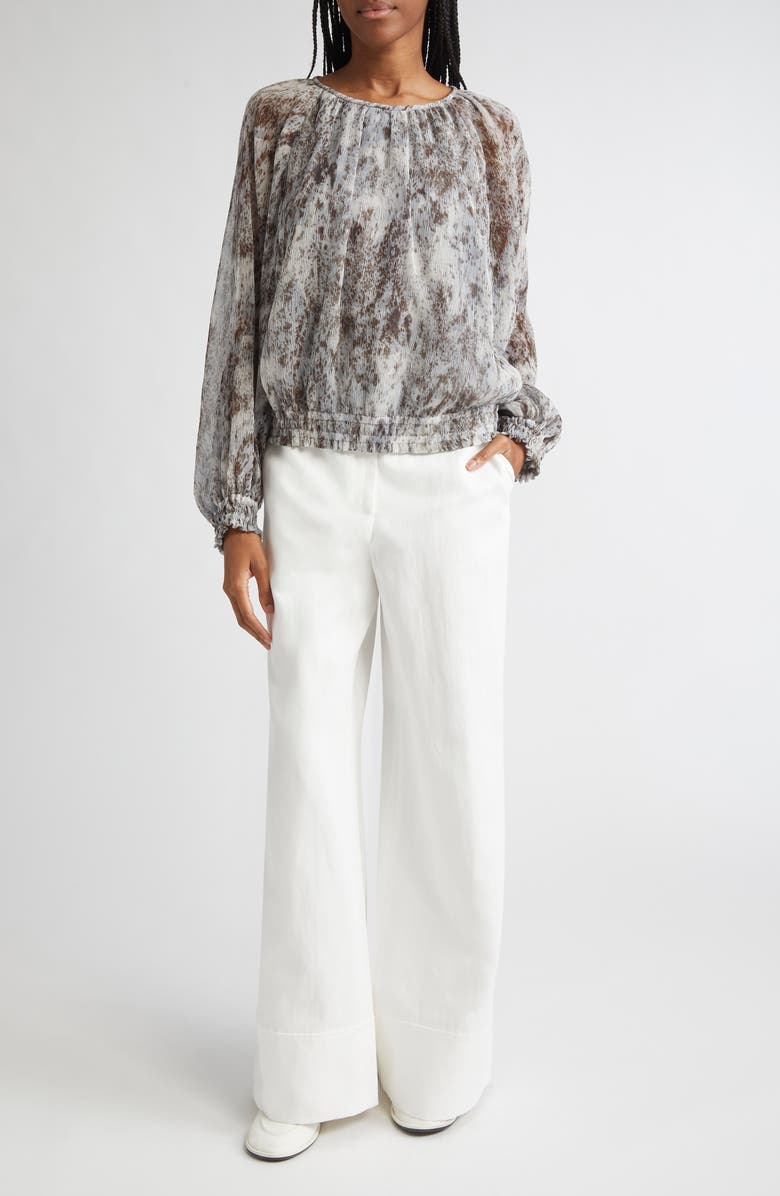 Lafayette 148 New York Speckled Glaze Print Gathered Georgette Blouse, Alternate, color, Brown/ Pearl Multi