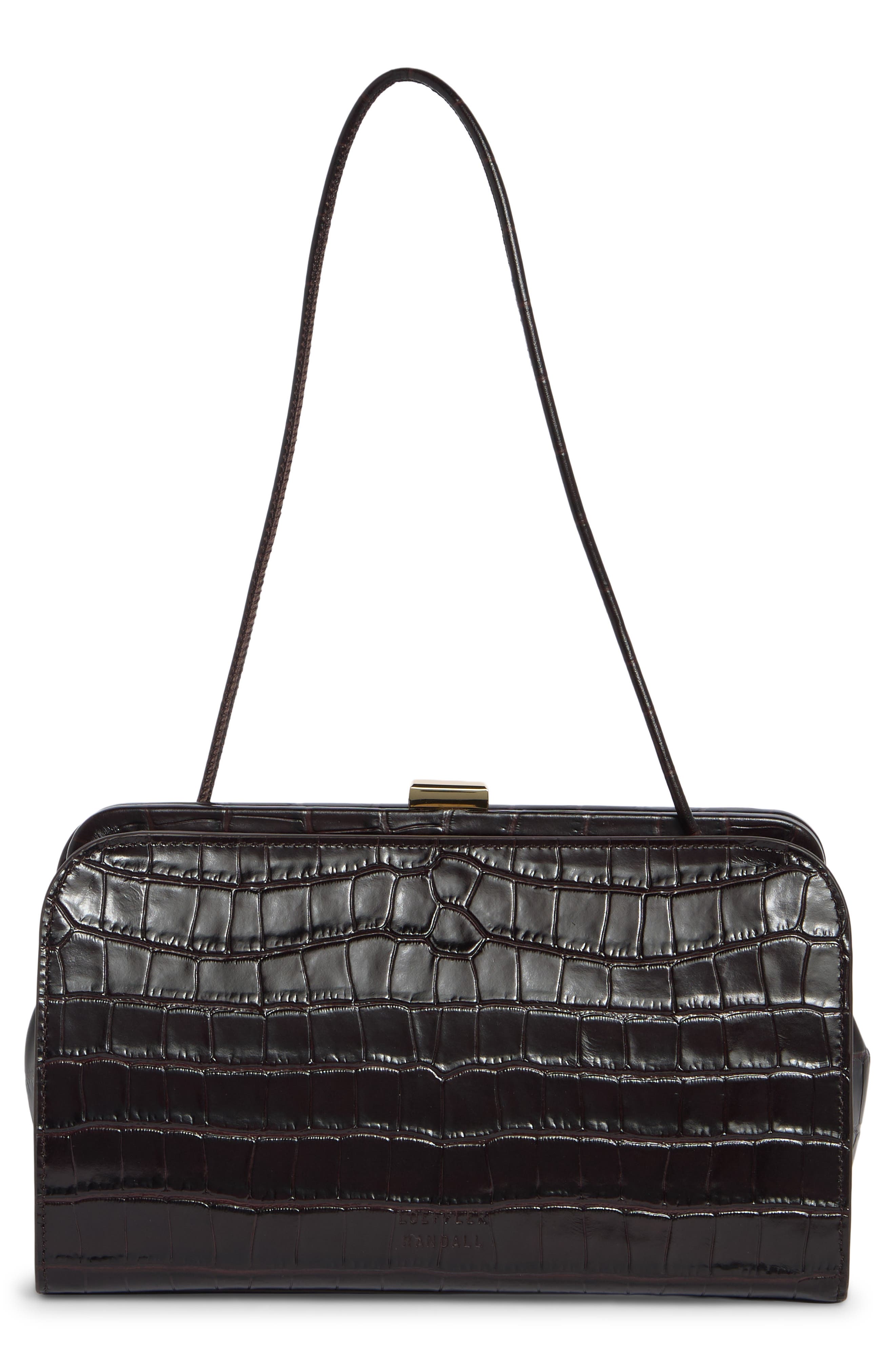 Zella Croc Embossed Leather Shoulder Bag, Alternate, color, EBONY