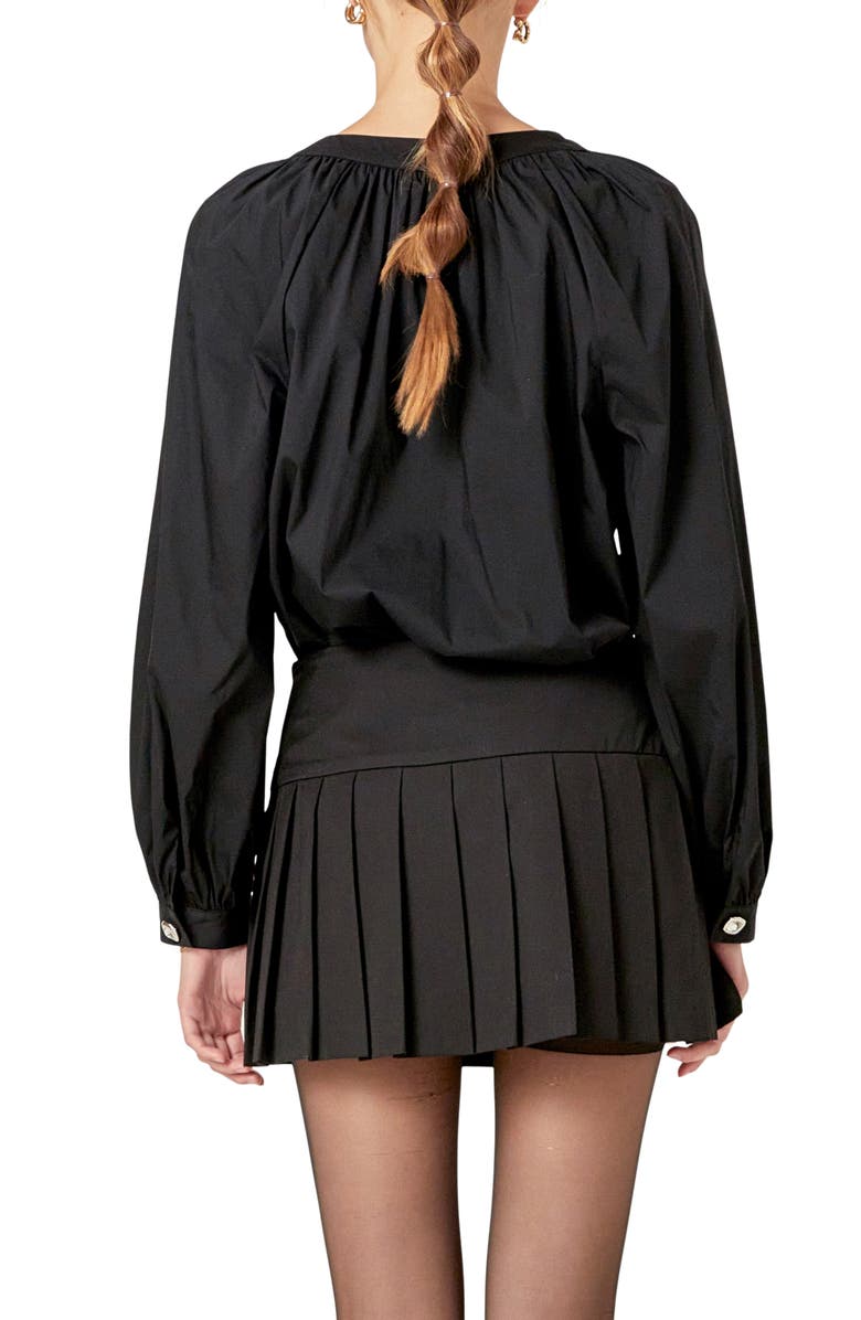 English Factory Rhinestone Button Shirred Cotton Blend Top, Alternate, color, Black