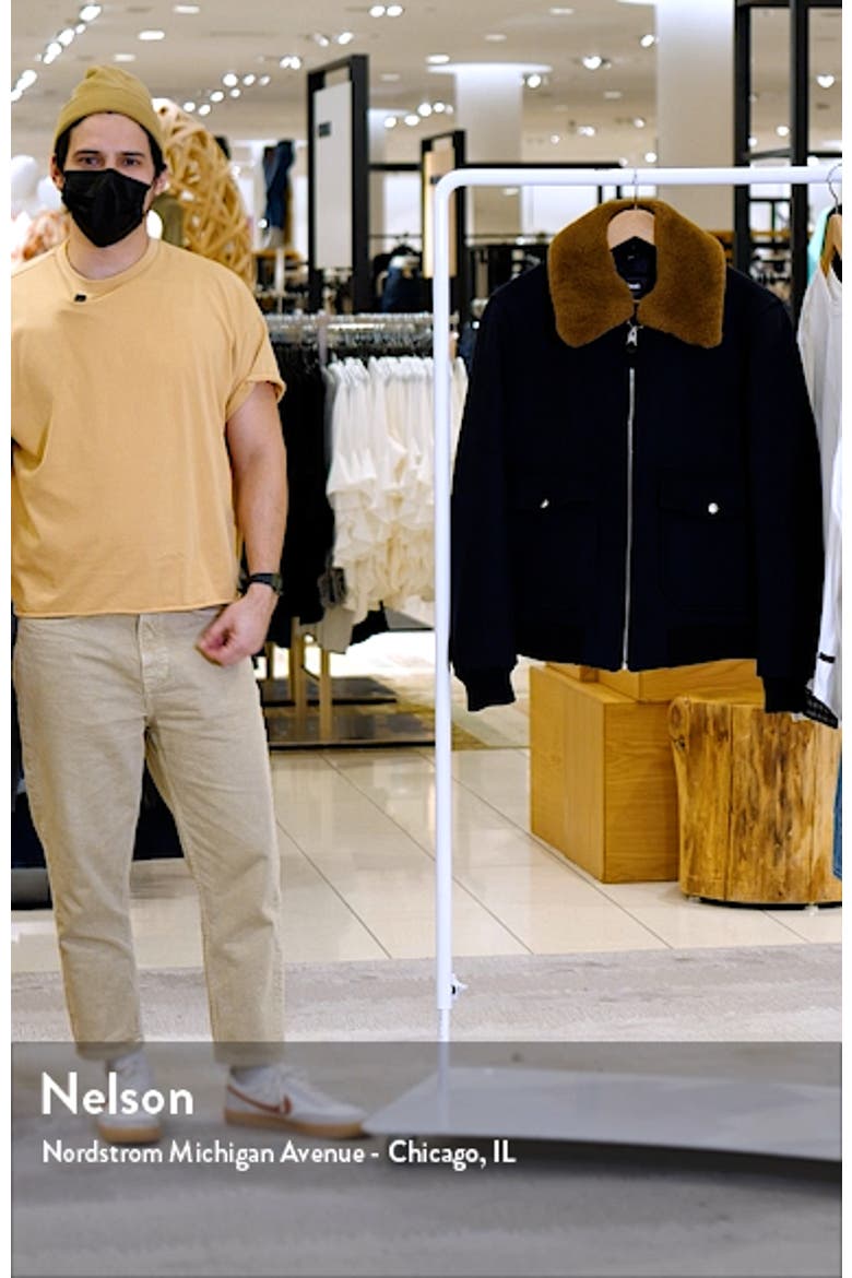 Theo Wool Blend & Genuine Shearling Trim Aviator Bomber Jacket video