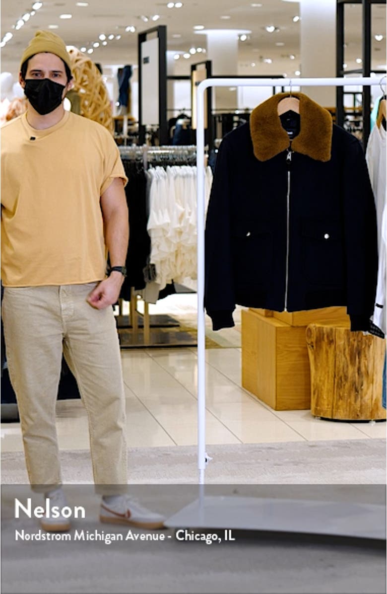 Theo Wool Blend & Genuine Shearling Trim Aviator Bomber Jacket, sales video thumbnail