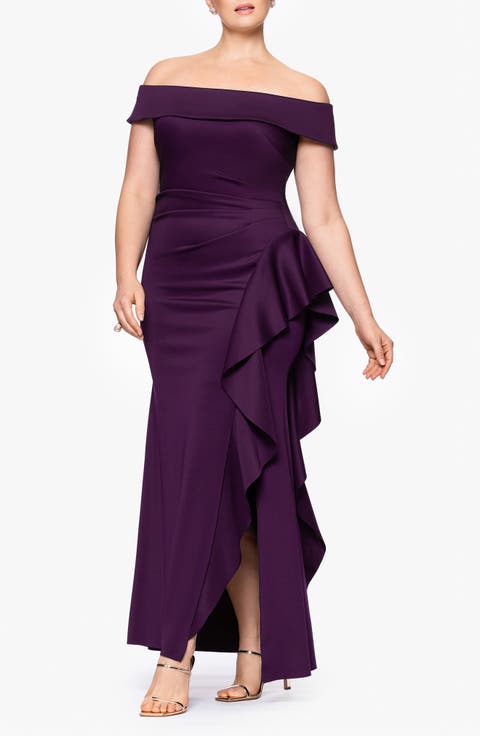 Ruffle Off the Shoulder Scuba Knit Cocktail Dress (Plus)