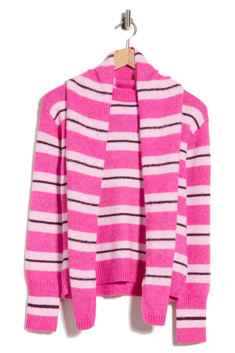 Striped Crewneck Sweater with Scarf, Main, color, PINK COMBO