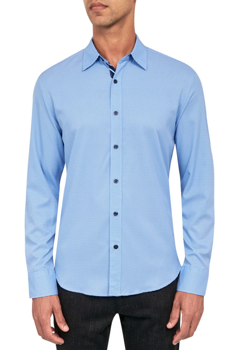 Micro Geometric Print Stretch Button-Up Shirt, Main, color, BLUE