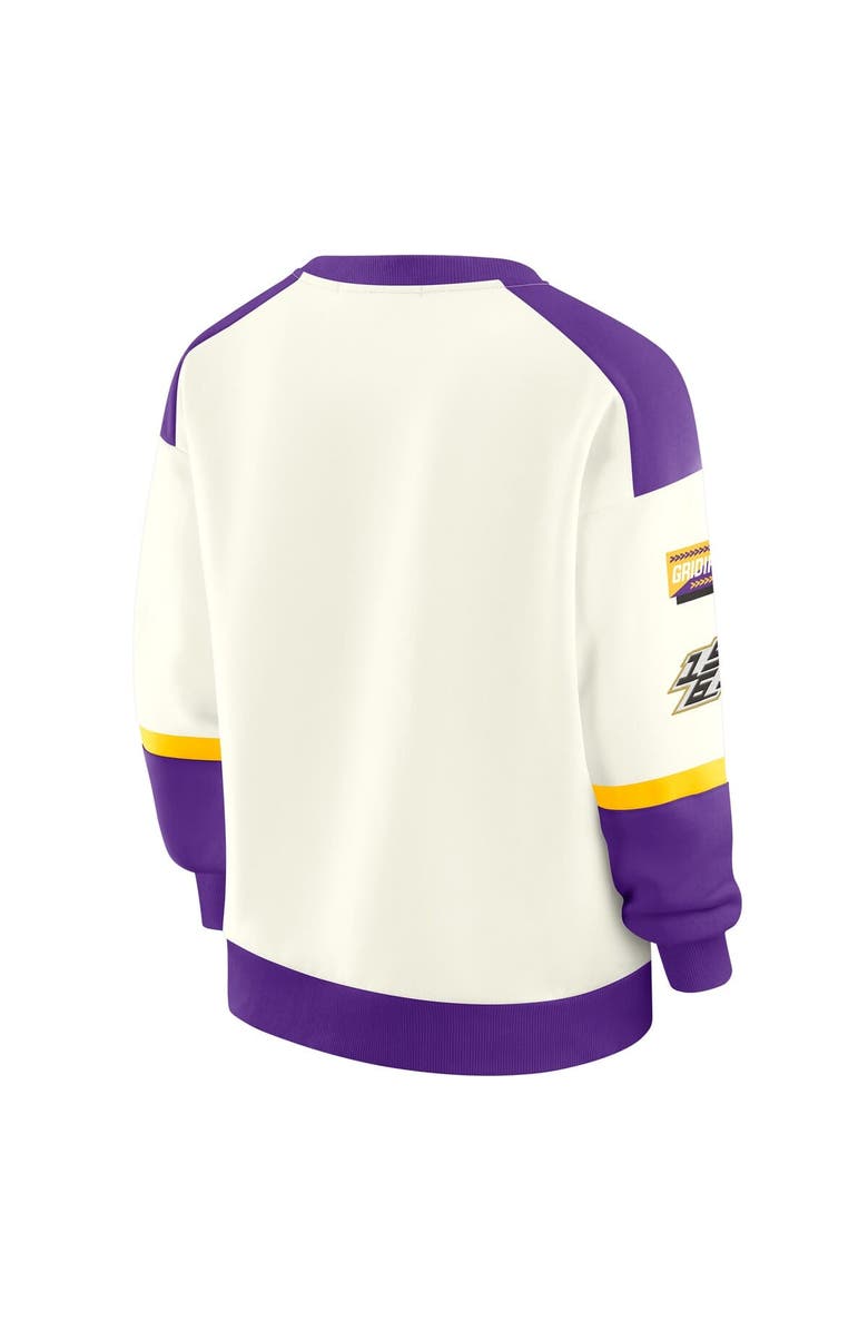 WEAR by Erin Andrews Women's WEAR by Erin Andrews  Cream Minnesota Vikings Racing Crew V-Neck Sweatshirt, Alternate, color, Cream